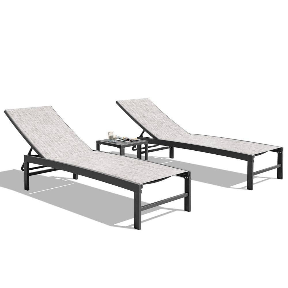 Crestlive Products Outdoor Aluminum Textilene Chaise Lounge Chairs and Table Set of 3 Earth Fabric, Dark Grey Frame
