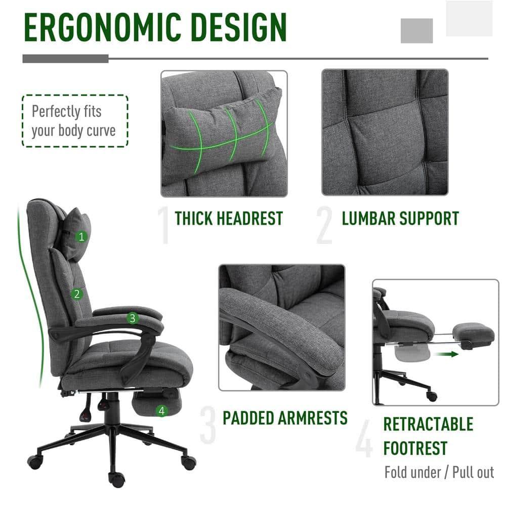 Vinsetto Executive Linen-Feel Fabric Office Chair High Back Swivel Task Chair with Upholstered Retractable Footrest, Headrest and Padded Armrest, Dark Grey