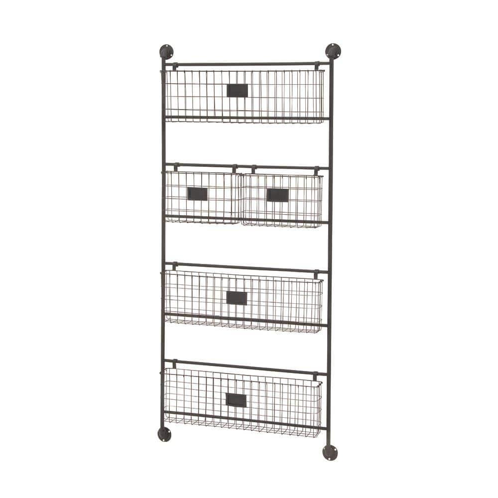 DecMode 4-Tier Industrial Wall Organizer Basket and Magazine Rack Holder, 27"W x 5"L x 61"H, Black Metal with Rustic Distressed Finish