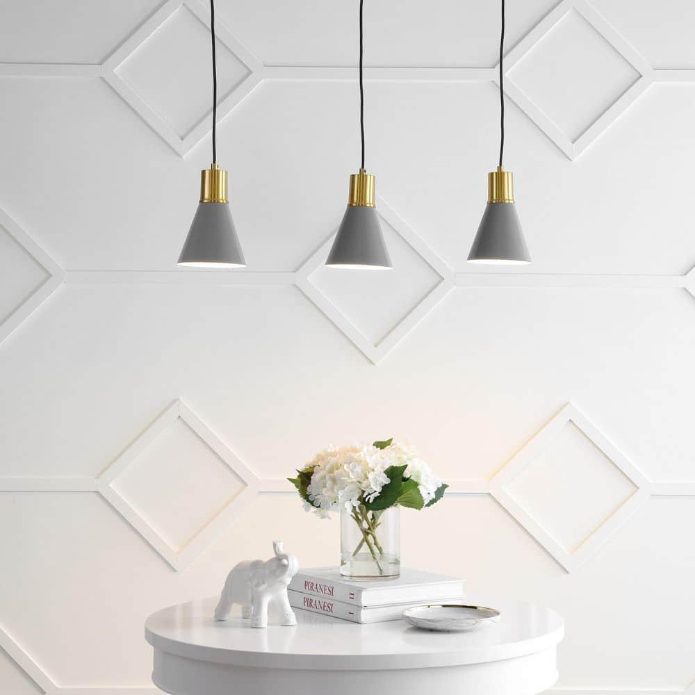 Apollo 33.5" 3-Light Mid-Century Modern Iron Adjustable Linear LED Pendant, Gray/Brass Gold