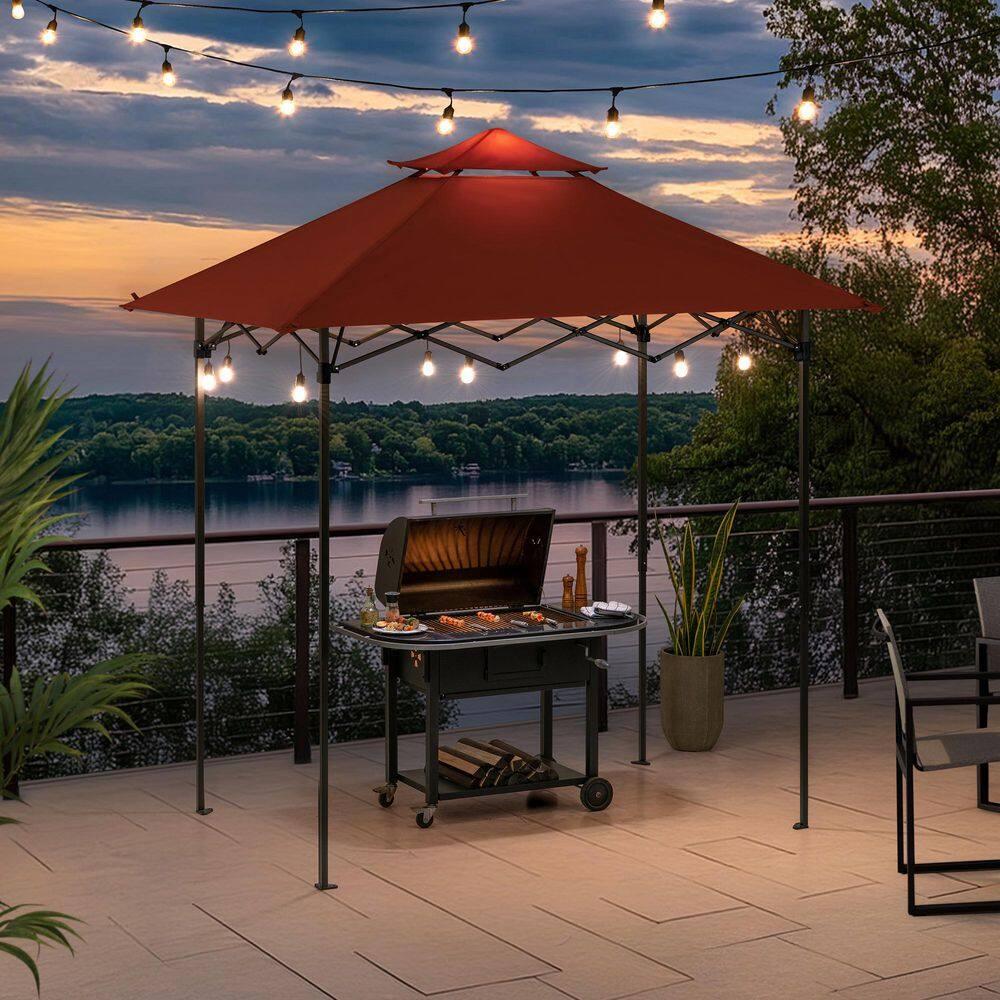 Sunjoy SUNJOY 8' x 5'  Pop up Grill Gazebo Double Tiered Outdoor Gazebo Standing-Height Canopy with Magnetic LED Light, Adjustable Ceiling Height, for BBQ,Picnics, Outdoor Events