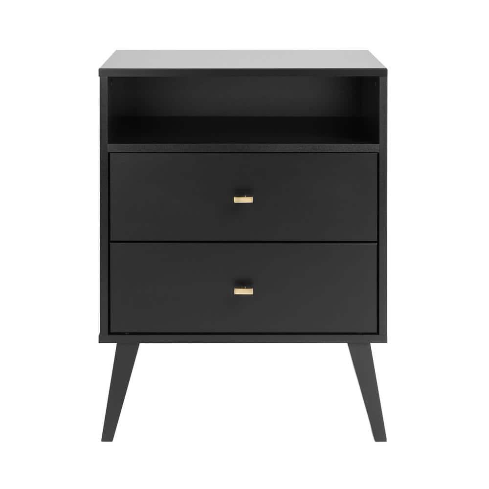 Mid Century Modern 2 Drawer Tall Nightstand with Shelf Black - Prepac: Brushed Brass Knobs, Wood Legs