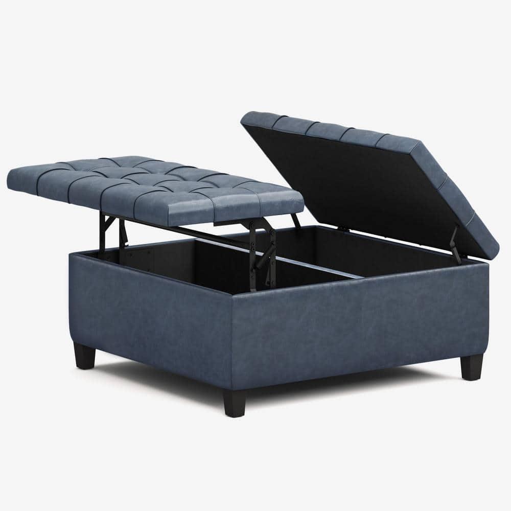 Simpli Home Harrison 36"W Upholstered Square Coffee Table Storage Ottoman with Split Lift Top