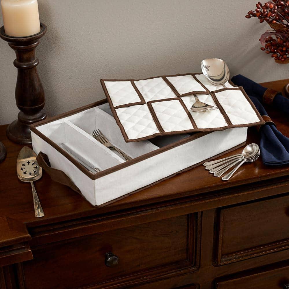 Windowed Flatware Storage Chest, 5 Compartment Storage with Serving Utensil Pouch, Canvas with Brown Trim