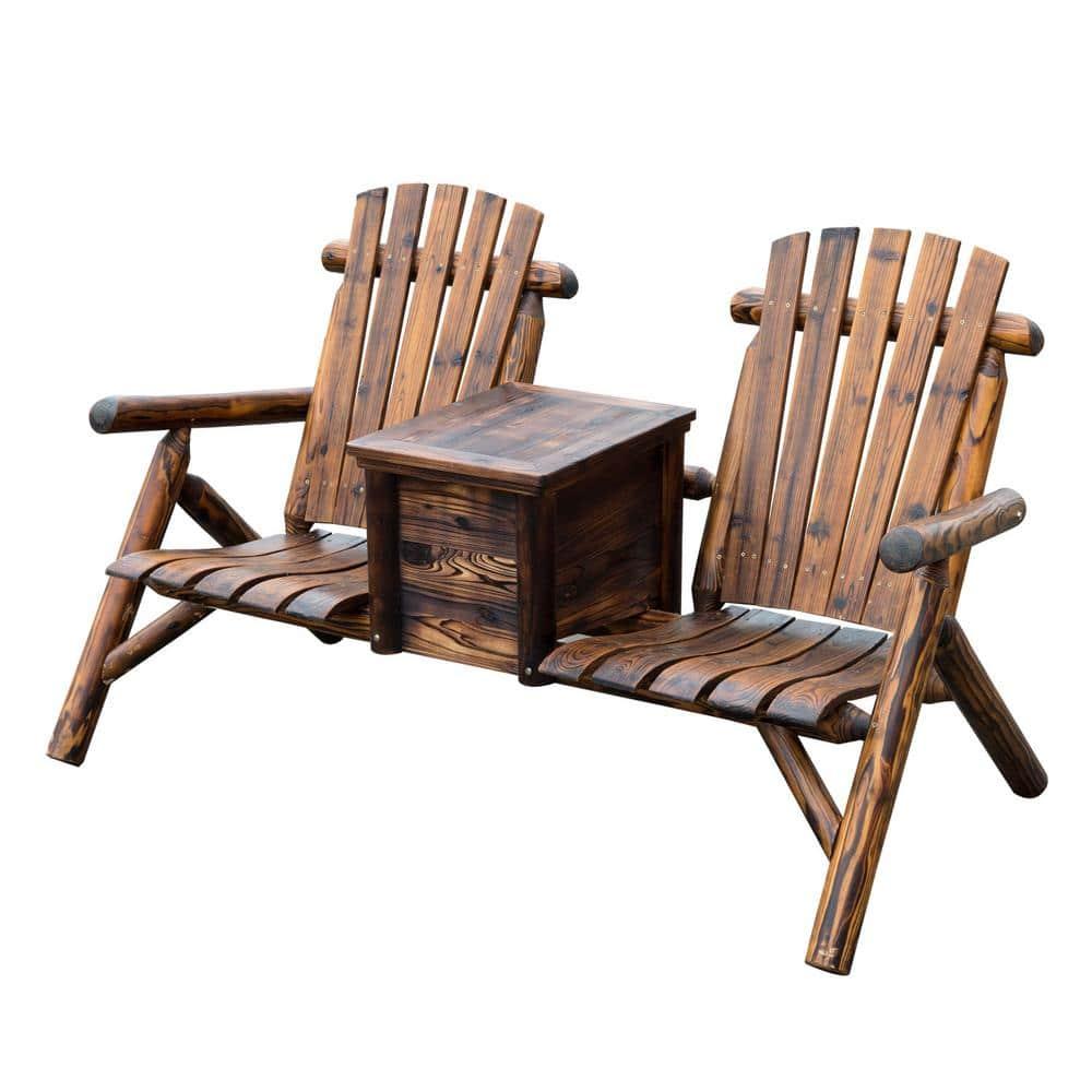 Outsunny Wooden Double Adirondack Chair Loveseat with Inset Ice Bucket, Table, Rustic Look, & Weather-Resistant Varnish