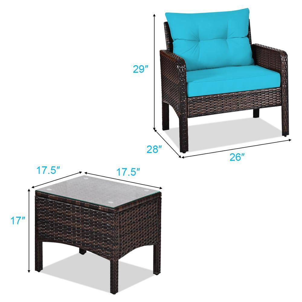 YYAo Garden Conversation Table Set, Conversation Loveseat Chairs Set, 3 Pcs Outdoor Patio Rattan Conversation Set with Seat Cushions-Turquoise