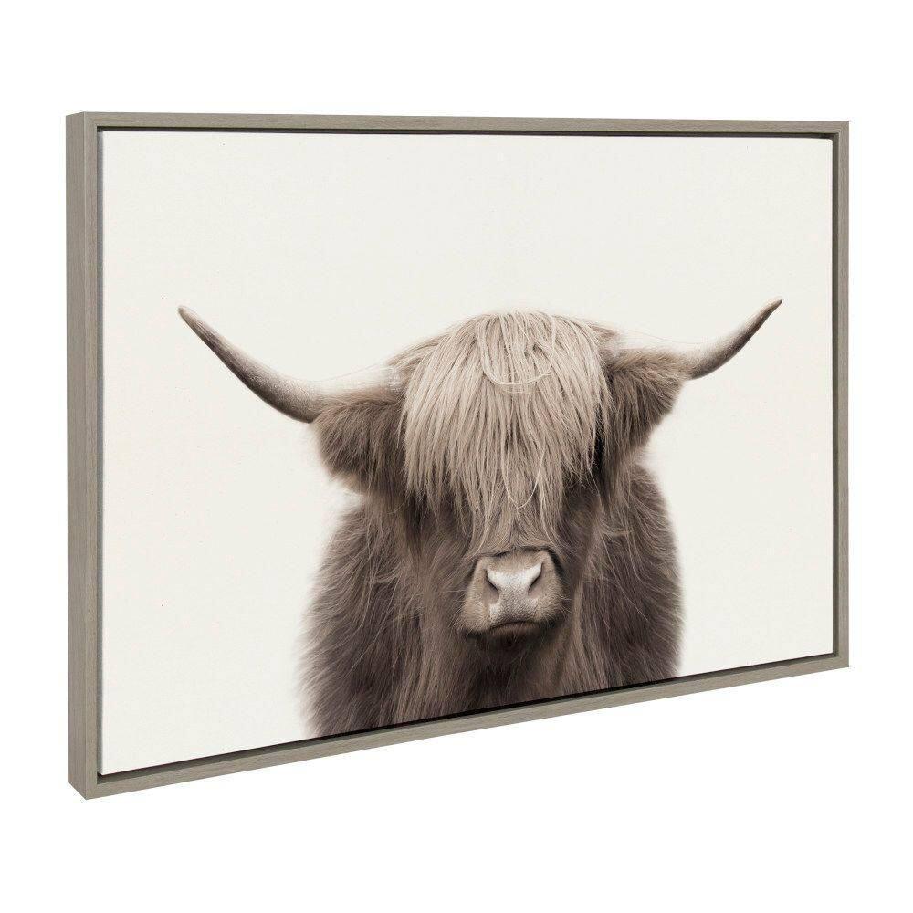 Kate and Laurel Sylvie Hey Dude Highland Cow Color Framed Canvas by The Creative Bunch Studio, 23x33, Gray