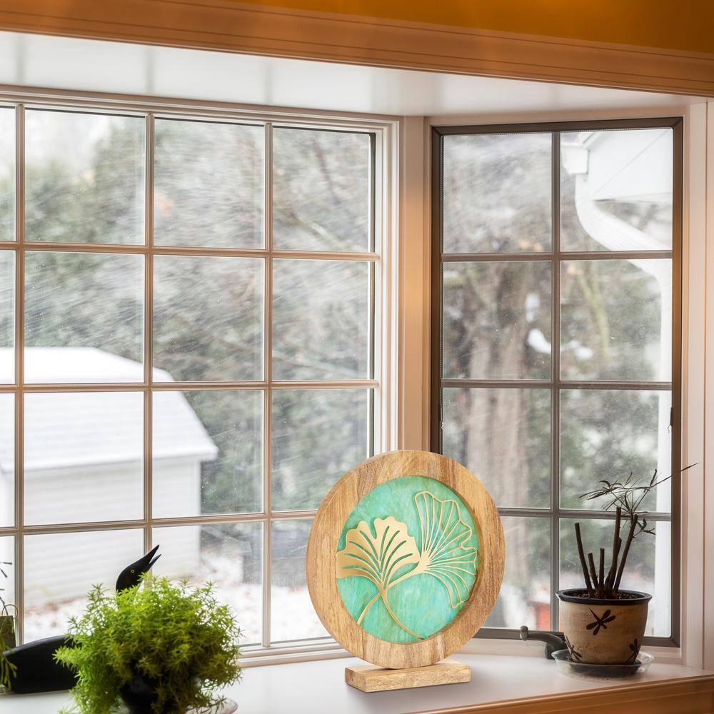 Green and Gold Stained Glass Panel with Mango Wood Stand