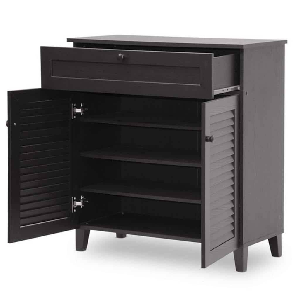 Calvin Shoe - Storage Cabinet - Espresso - Baxton Studio: Modern Organizer with 4 Shelves & Drawer