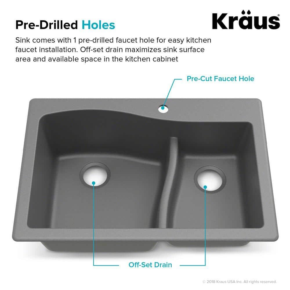 Kraus KRAUS Quarza™ 33" L Dual Mount 60/40 Double Bowl Granite Kitchen Sink and Strainers KGD-442GREY-PST1-GR