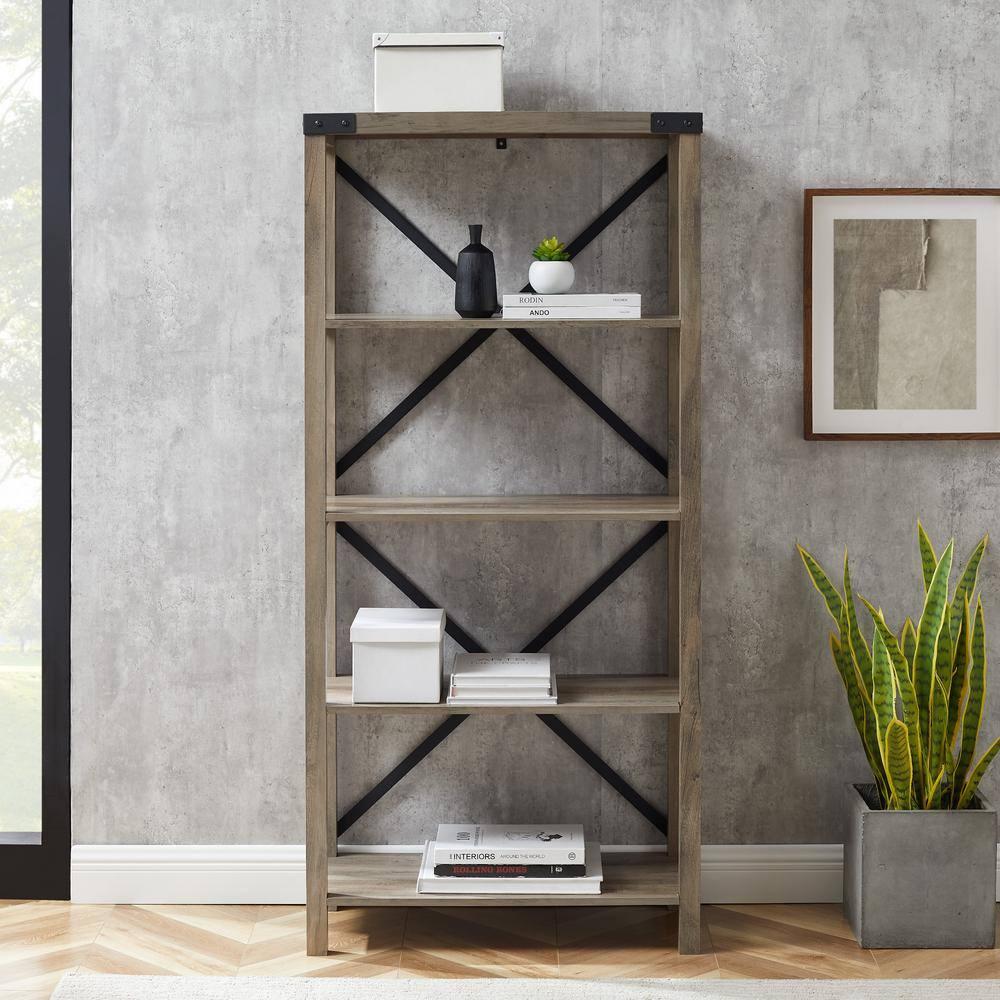 64" Farmhouse Metal X Bookcase - Gray Wash
