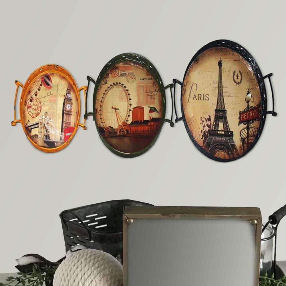 Modern Urban Print Oval Serving Trays with Handles, Set of 3