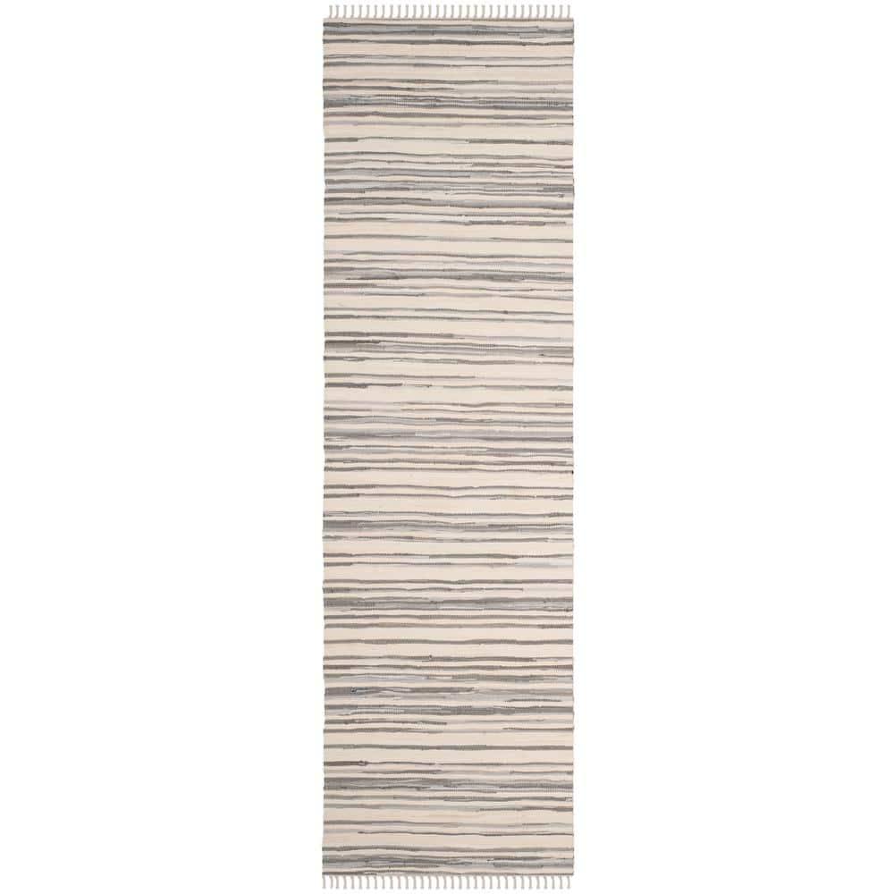 SAFAVIEH Rag Benton Striped Cotton Runner Rug, Ivory/Grey, 2'3" x 5'