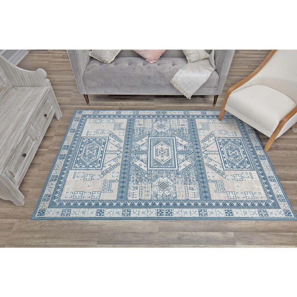 Rugs America Freida FY60A Azure Vintage Farmhouse Area Rug for Dining Room Rug Neutral Rug Living Room Rug Kitchen, 5'x7'