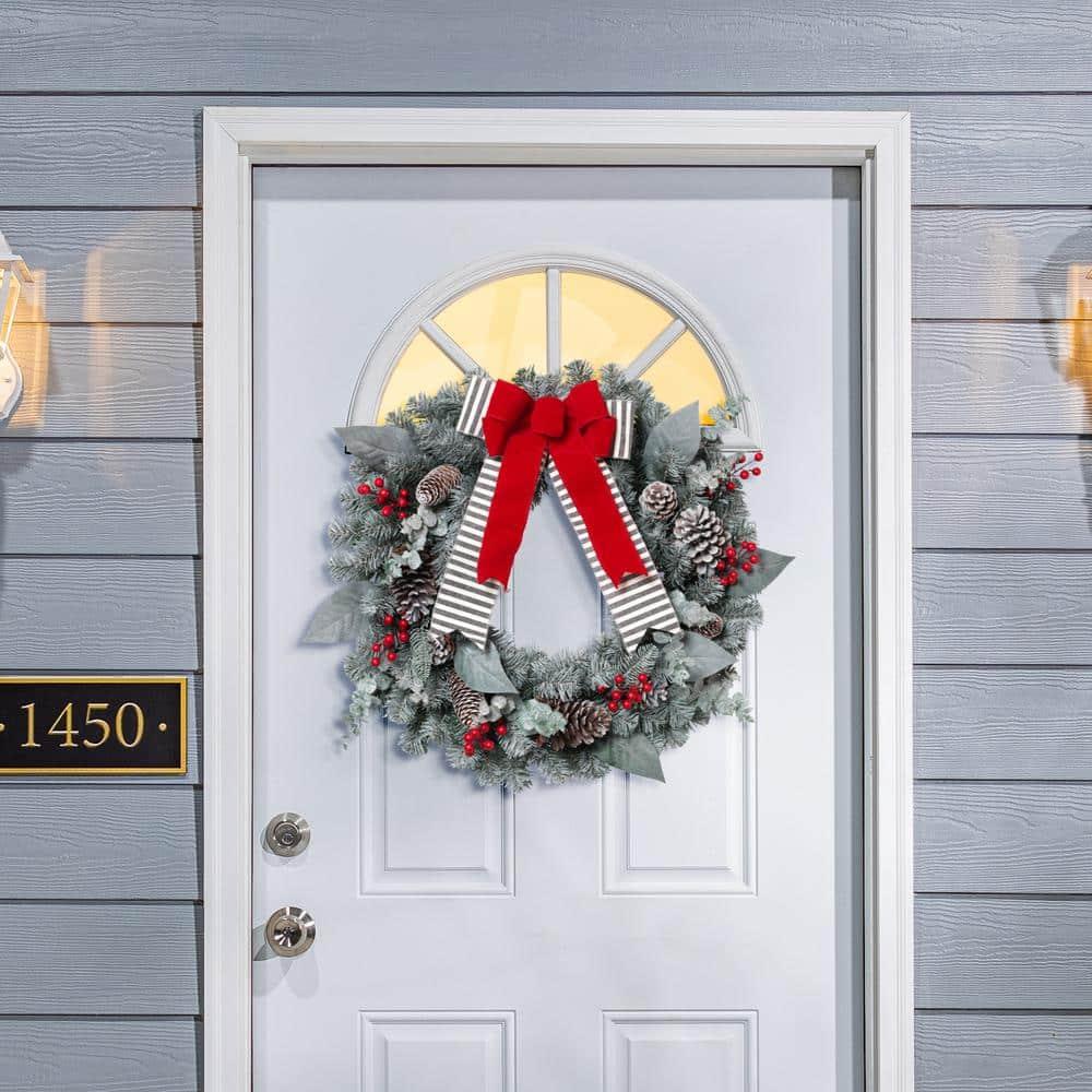 GIL  Snowy Pine Christmas Wreath with Red Berries, Pinecones & Bow