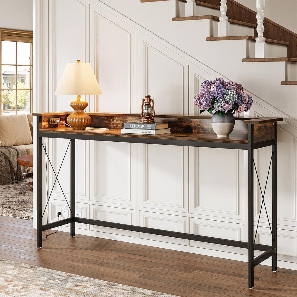 Tribesigns Sofa Table with Outlets and USB Ports, 70.9 inch Console Table, Industrial Entryway Hallway Accent Table for Living Room,Brown & Black