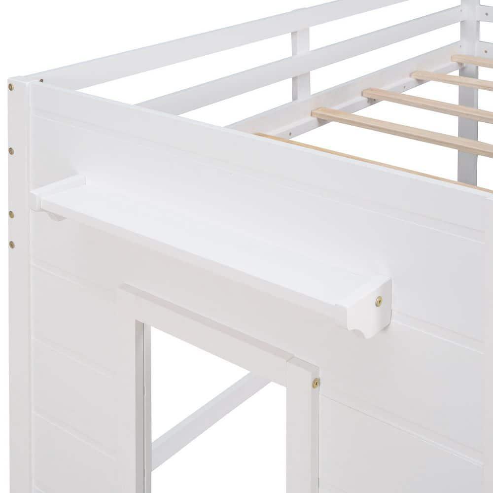 Twin Size Loft Bed with Cabinet and Shelf, Solid Wood Low Loft Bed Frame with Ladder and Full-Length Guardrails for Kids Girls Boys, White