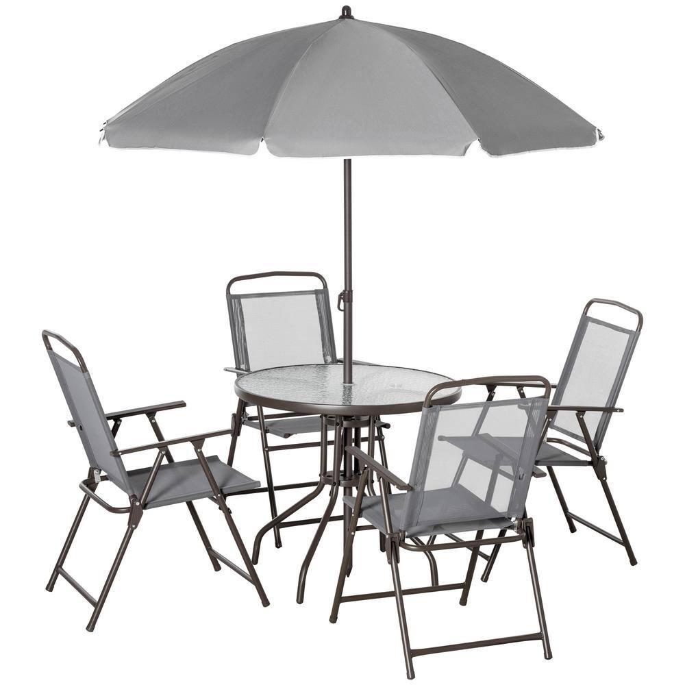Outsunny 6 Piece Patio Dining Set for 4 with Umbrella, 4 Folding Dining Chairs & Round Glass Table for Garden, Backyard, and Poolside, Gray