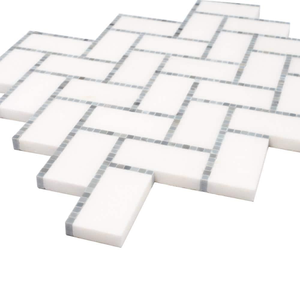 5 pack White and Gray 9.8 in. x 10.8 in. Polished Herringbone Marble Mosaic Floor and Wall Tile (3.68 sq. ft./Case)