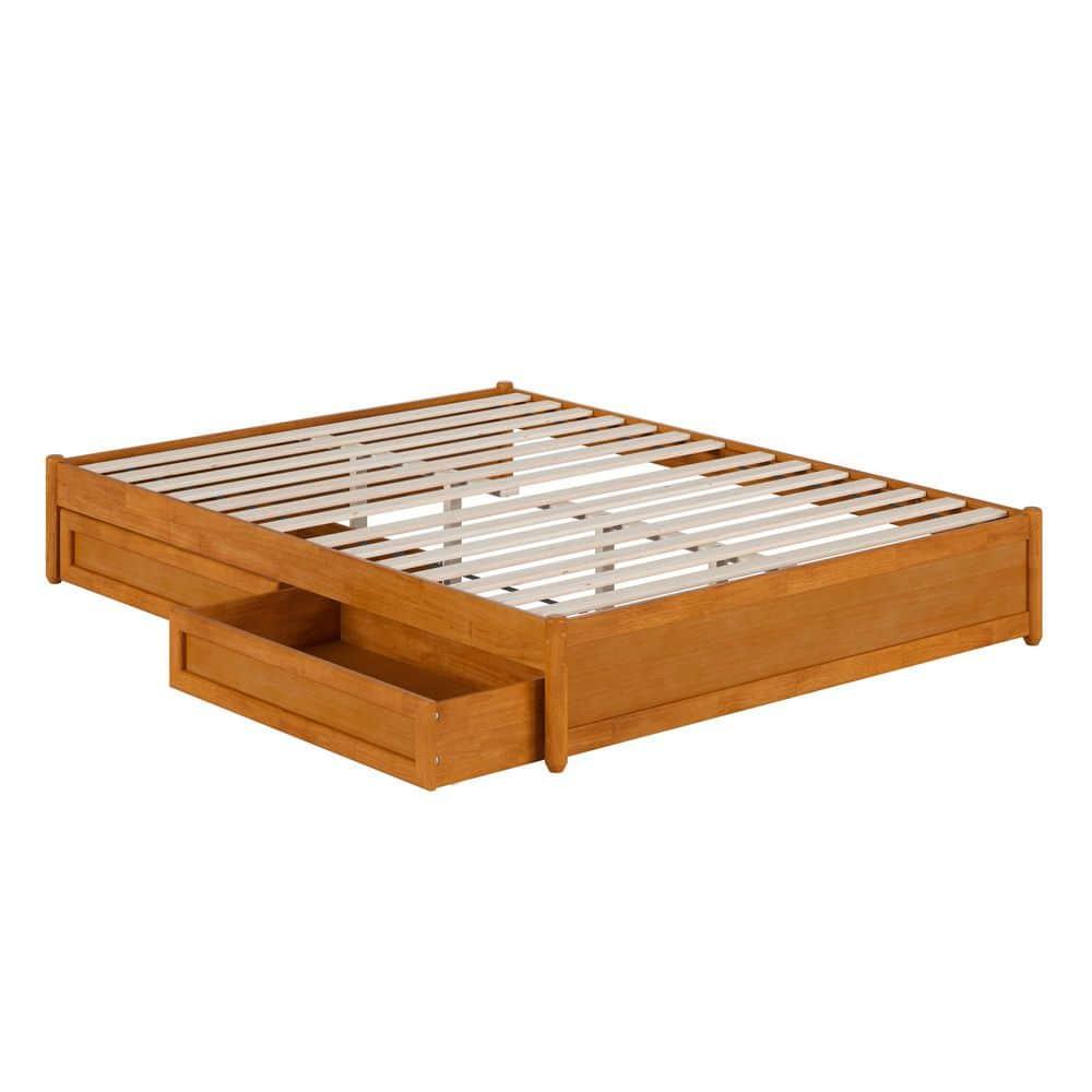 Barcelona Queen Wood Panel Platform Bed with Storage Drawers in Light Toffee