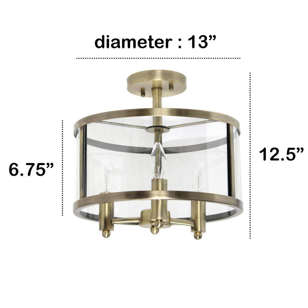 3-Light 13" Industrial Farmhouse Glass/Metallic Accented Semi-flushmount Ceiling Light Brass - Lalia Home: UL Listed, Metal Body, E12 Base