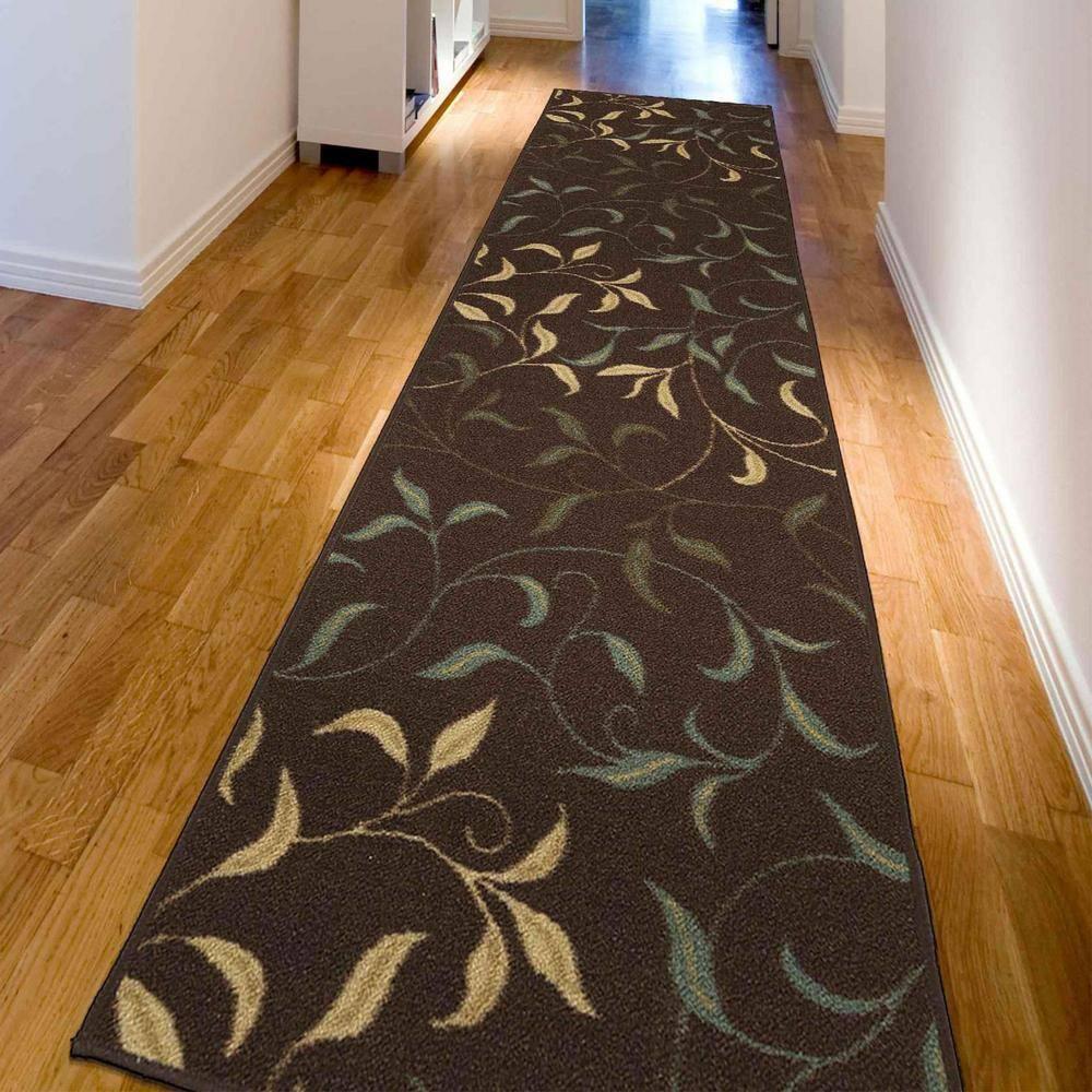 Ottohome Non-Slip Leaves Area Rug For Living Room, Hallway Runner, Entryway Rug, Brown