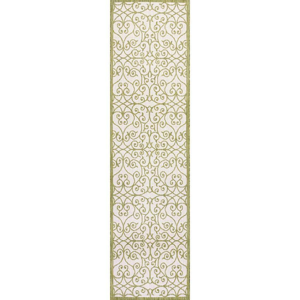 2' x 10' Madrid Vintage Filigree Textured Weave Indoor/Outdoor Runner Rug, Green/Cream - JONATHAN Y