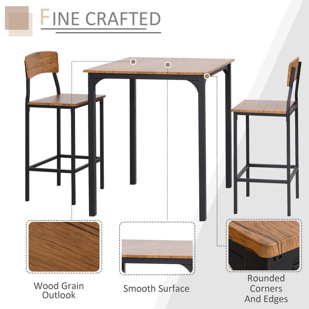 17 Stories 3 Piece Square Industrial Small Dining Table Set, Bar Table and Chairs Set, Rustic Brown and Black
