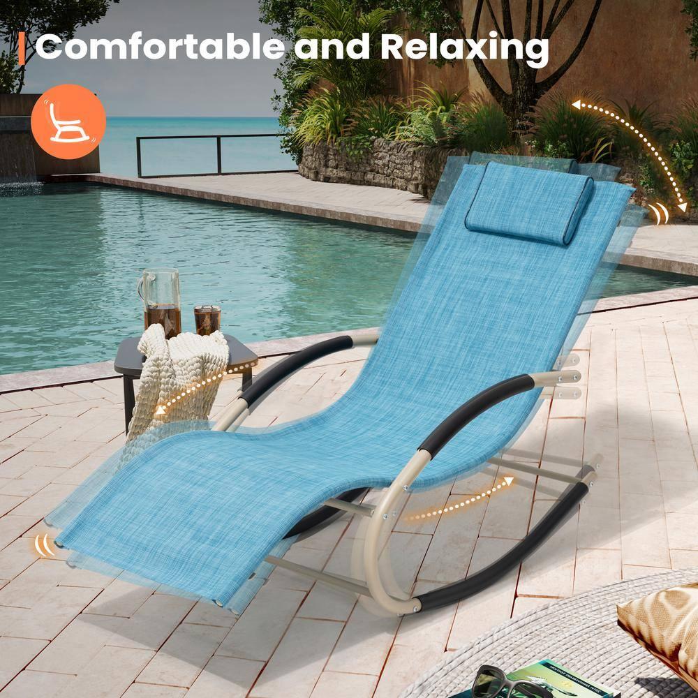 Metal Patio Outdoor Rocking Chair in Blue with Headrest (1-Piece)