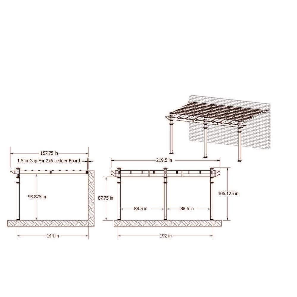 Vita Valencia 12 ft x 16 ft White Vinyl Attached Pergola, VA42086
