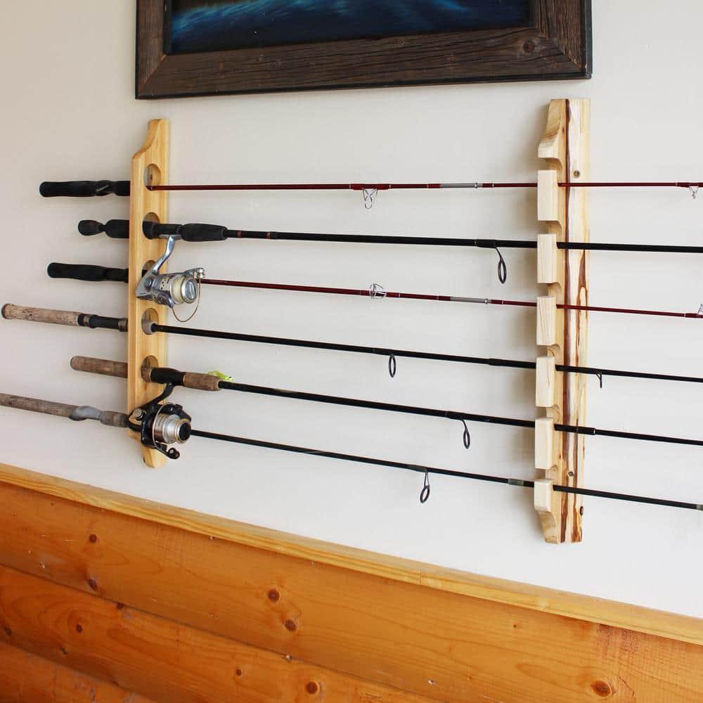 Rush Creek Creations 6 Fishing Rod Wall & Ceiling Rack, Rustic Wood Fishing Rod Holder, Vertical/Horizontal Mount