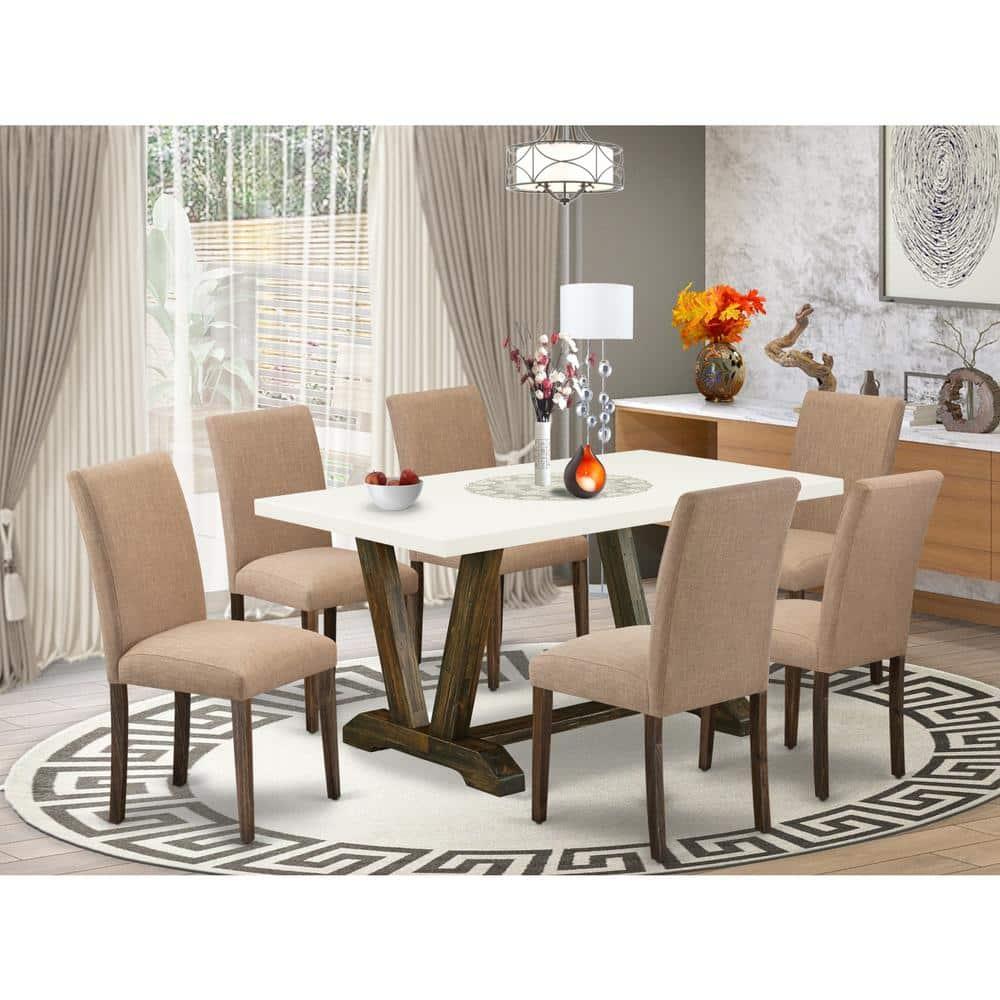 Red Barrel Studio® 7-Piece Dining Set Contains a Linen White (Off-White) Kitchen Table and 6 Light Sable Linen Fabric Kitchen Chairs - Distressed Jacobean Finish