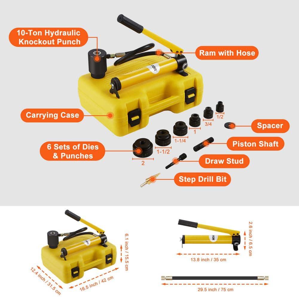 VEVOR Hydraulic Knockout Punch Kit, 10 Ton 1/2" to 2" Conduit Hole Cutter Set, KO Tool Kits with Puncher 6 Piece, Metal Sheet Driver Tools, Yellow
