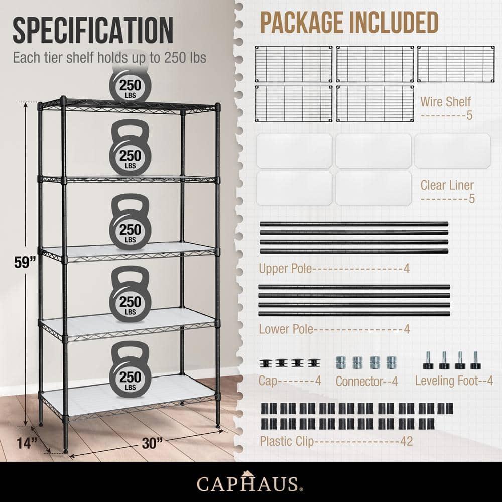 Black Adjustable Height 5-Tier Steel Garage Storage Shelving Unit with Clear Liners