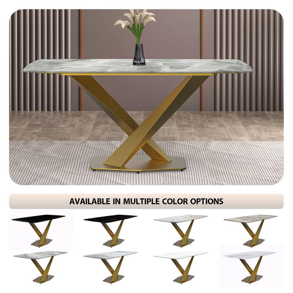 LeisureMod Voren Modern Dining Table with 71" Rectangular Sintered Stone or Glass Wide Tabletop and Steel Legs for Home, Kitchen, Dining or Conference Room in Light Grey