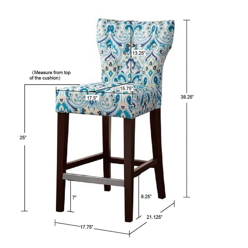 25" Saffron Tufted Back Counter Height Barstool Blue/Yellow: Espresso Wood Legs, Padded Seat