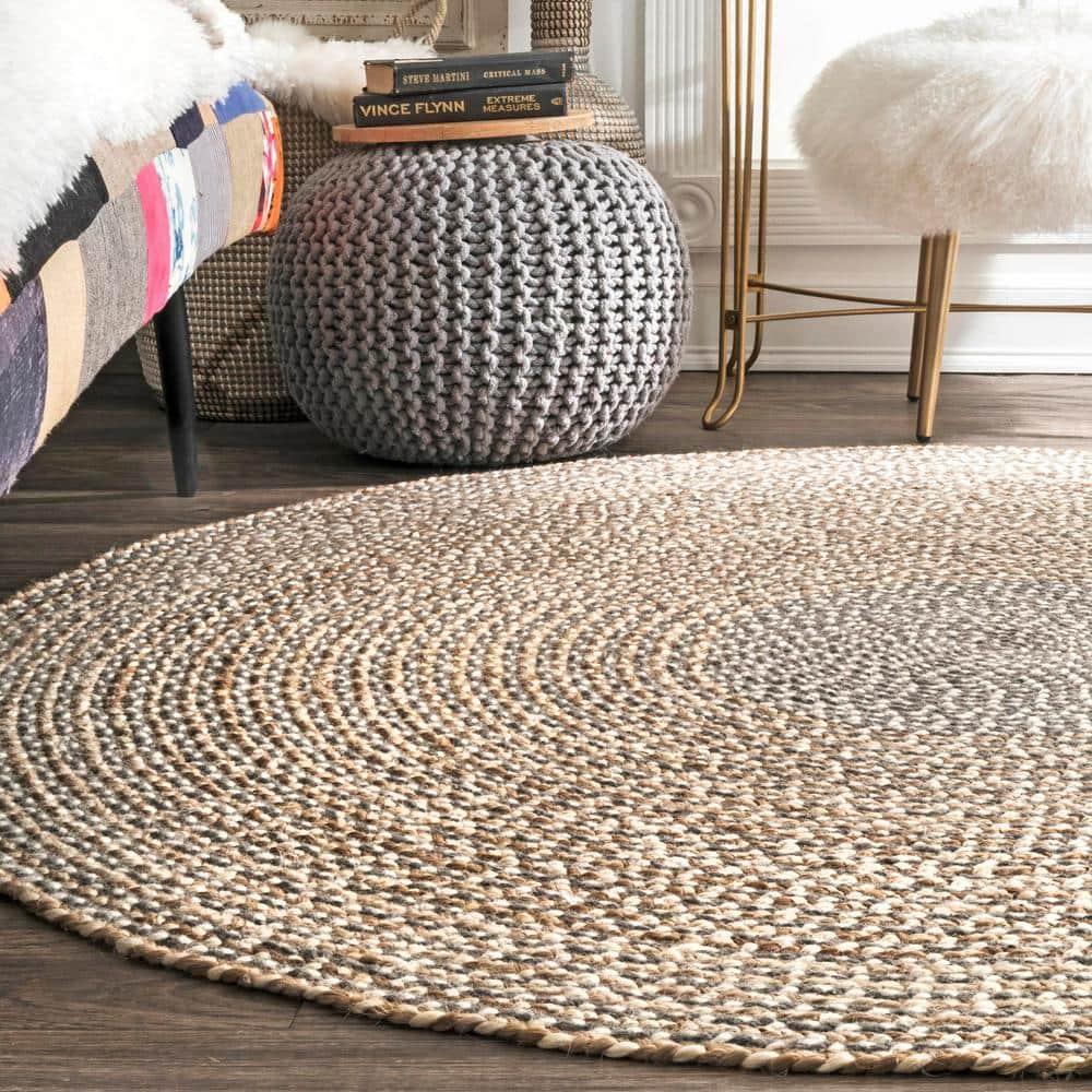 Nuloom Draya Solid 6 Round Wool Jute Indoor Area Rug for Dining Room Rug Neutral Rug Living Room Rug Kitchen, Grey/Ivory