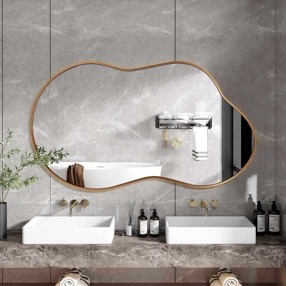 36 in. W. x 24 in. H Irregular Gold Aluminum Alloy Framed Wall Mirror Asymmetrical Wall Mirror