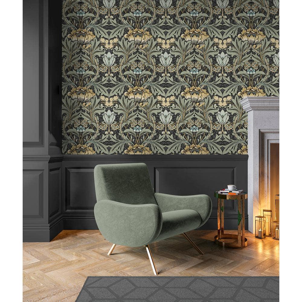 Seabrook Designs  Acanthus Floral Prepasted Wallpaper 20.5 in. W x 33 ft. L - Charcoal & Goldenrod