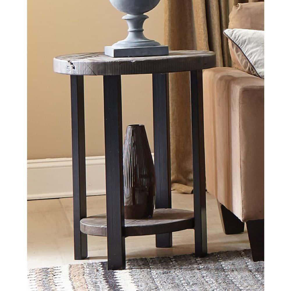 17 Stories Alaterre Pomona Round End Table With Solid Wood Top, Metal Legs, And Dual Shelves For Rustic Living Room Furniture