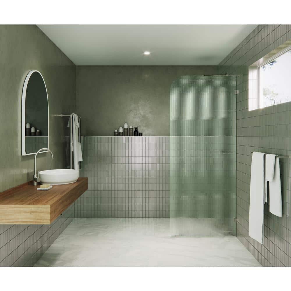 Glass Warehouse  32" x 78" Frameless Shower Door - Single Fixed Panel Fluted Frosted Radius Brushed Nickel 32 Inch - Right Nickel Finish
