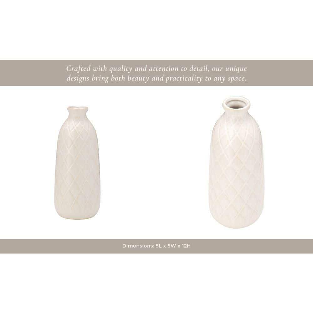 Sagebrook Home 12" Ceramic Vase - Contemporary Plaid Textured Ivory/Beige Vase For Floral Arrangements - Decorative Table Accent for Home or Office