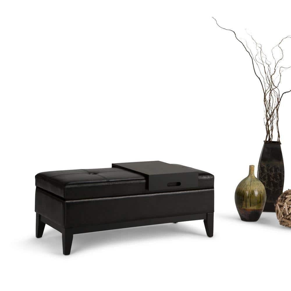 Simpli Home Oregon 42 inch Wide Contemporary Rectangle Storage Ottoman Bench with Tray in Tanners Brown Faux Leather-Finish:Midnight Black