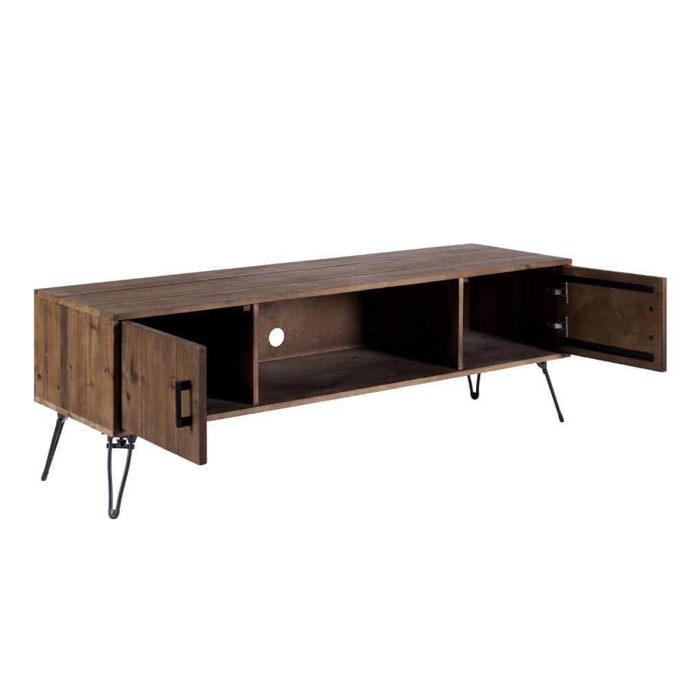 60 Inch Reclaimed Wood Rectangle Farmhouse Tv Stand Media Console, 2 Doors, Iron Legs, Natural Brown