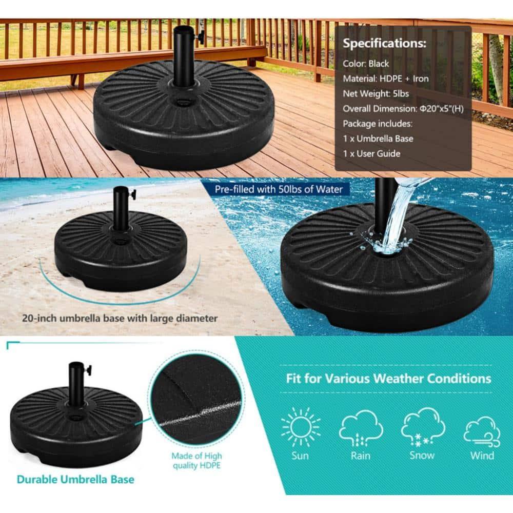 Costway 20'' Round 23L Water Filled Umbrella Base Stand Self-filled Patio Furniture Black