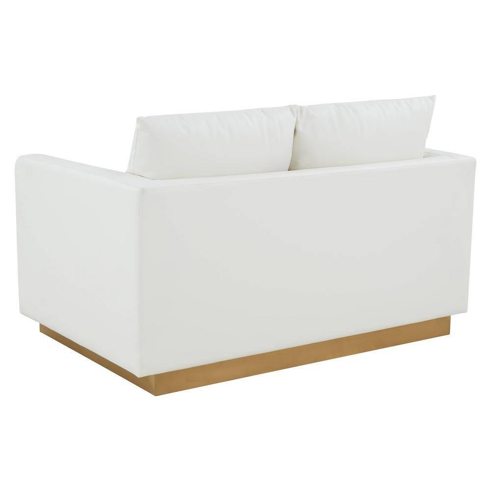 LeisureMod Nervo Mid-Century Modern Upholstered Faux Leather Loveseat with Gold Frame in White