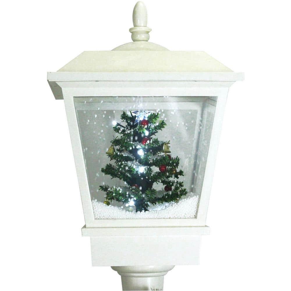 Christmas Time 71-In. Musical Snowy Street Lamp | Christmas Tree Scene, 2 Signs, Cascading Snow, and Holiday Songs | White | CT-SL071A-WHT