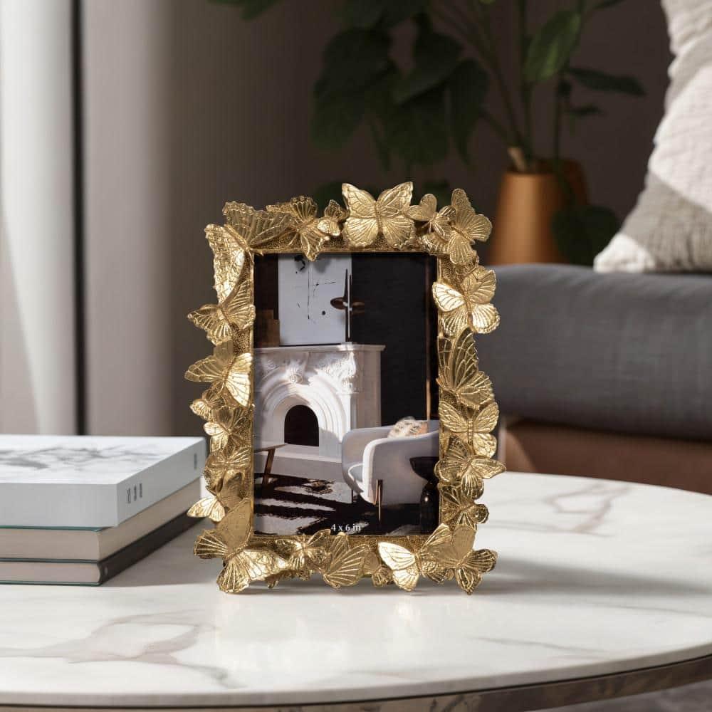 Sagebrook Home Vintage Inspired 4x6 Gold Polyresin and Glass Photo Frame with Butterflies Decor