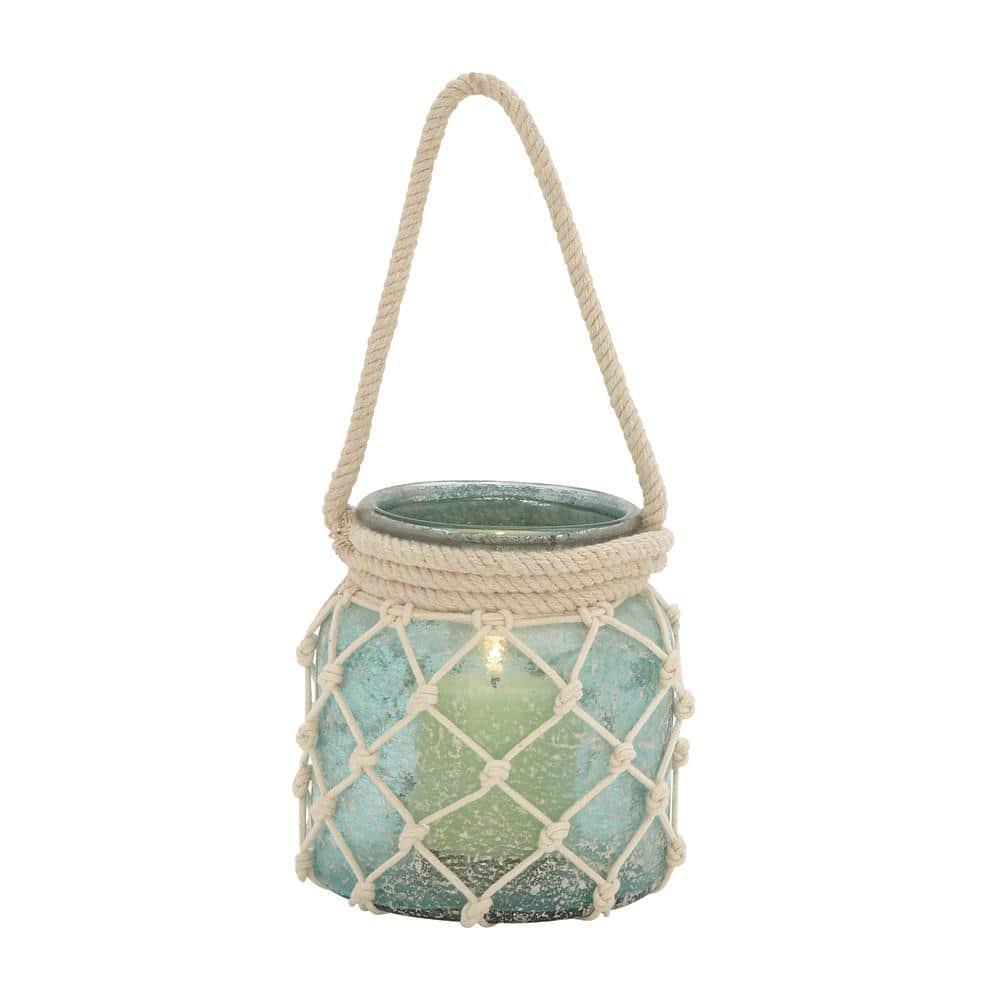 DecMode Blue Glass Decorative Candle Lantern with Rope Handle