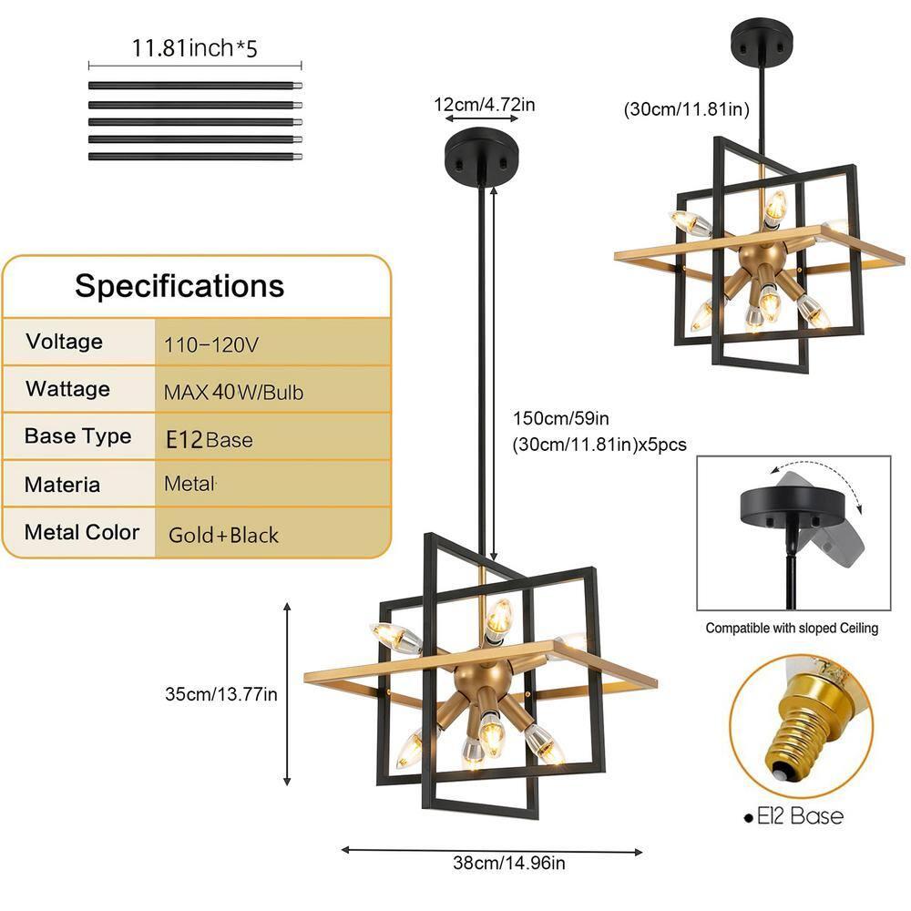 Modern Black and Gold Chandelier, 8-Light Geometric Pendant Light Fixture, Dining Light Fixtures Adjustable Chandelier for Dining Room Entryway Foyer Hallway Bedroom Living Room Kitchen Island